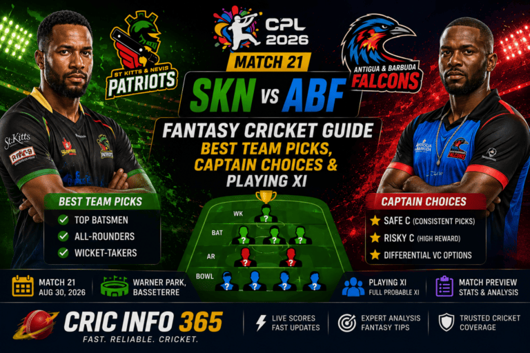 SKN vs ABF Fantasy Cricket Guide: Best Team Picks, Captain Choices & Playing XI for CPL 2026 Match 21